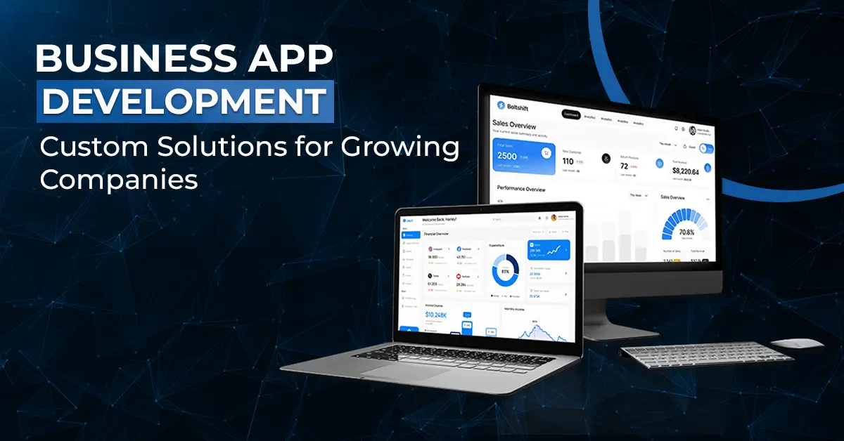 Infographic showing the biggest benefits of custom business app development — workflow, efficiency, and data access — with dashboard screens on desktop, laptop, and mobile