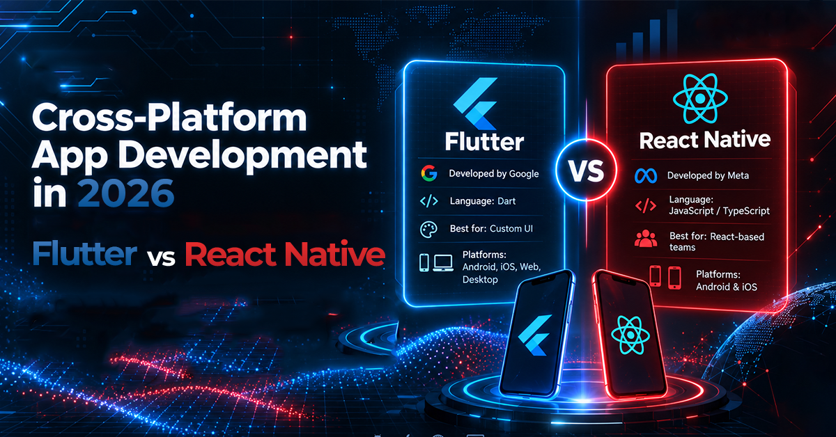 Side-by-side framework comparison card of Flutter developed by Google using Dart versus React Native developed by Meta using JavaScript for cross-platform app development in 2026.