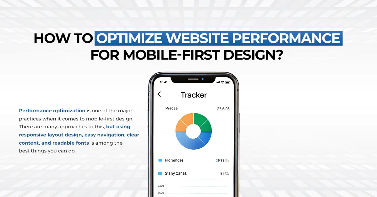 Graphic explaining how to optimize website performance for mobile-first design using responsive layouts, easy navigation, clear content, and readable fonts, alongside a smartphone mockup showing a clean UI tracker screen.